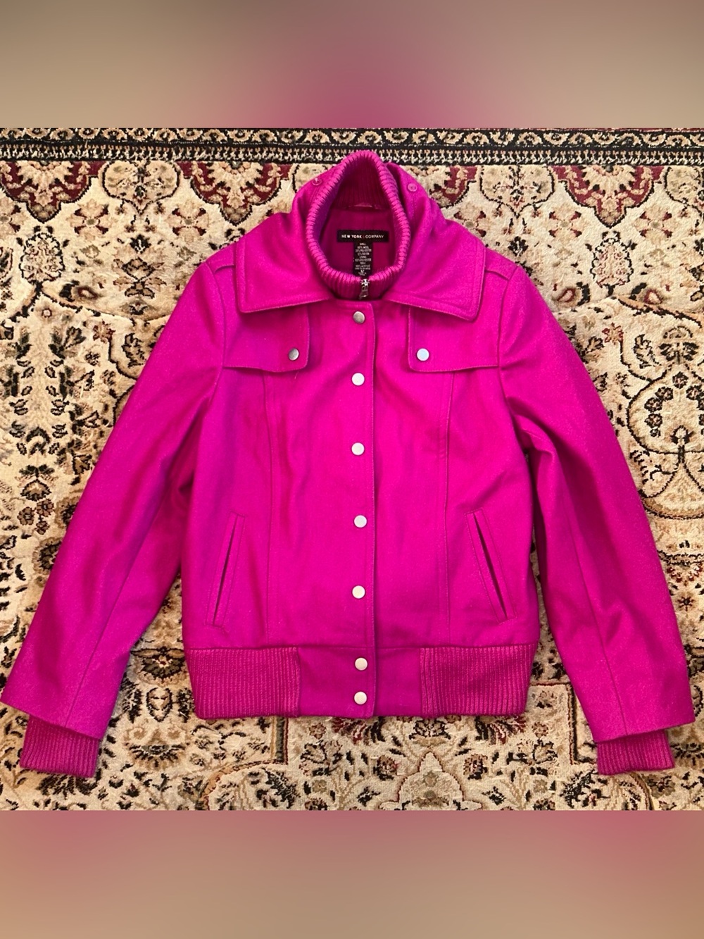New York & Company Wool Blend Fuchsia Pink Bomber Jacket Women Mock Neck sz 12